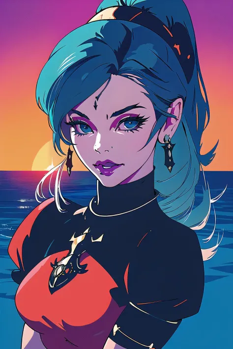 (masterpiece, best_quality, ultra-detailed, immaculate:1.3), epic, illustration, dark knight lord , sexy armor, slate blue hair, Gibson Tuck, prostration, simple background, in in the deep Tudor ocean, bombshell hair, bright sunset hair, hair bun,Low Ponytail, arms behind head<lyco:EnvyBeautyMix45:1>