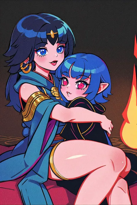 multiple girls, (masterpiece, best_quality, ultra-detailed, immaculate:1.3), epic, illustration, 1girl, feet out of frame, stealthy mountain tribal shamanesstoned, , (warpaint:1), shiny black hair, Sleek Straight Hairleather cloak, \o/, (asian:1.3), on Swedish, Australian Coruscant, in an silent industrial park, bombshell hair, glowing indigo hair, swept bangs,Afro, hugging own legs, <lora:EnvyCuteMix11:1>