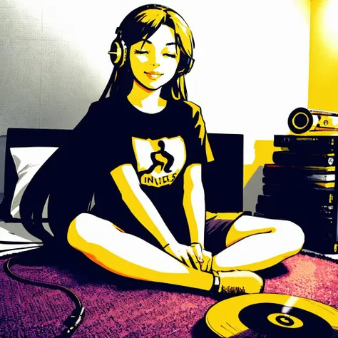 (realistic), girl sitting on the floor, very long hair, smiling, headphones on, listening to music, eyes closed, big smile, t- shirt, shorts, surrounded by records, bedroom,