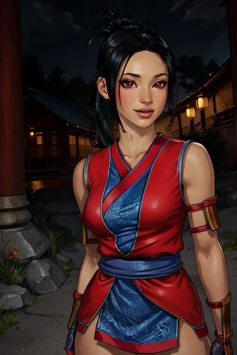 JenZi, black hair, short ponytail,  
red kimono,  blue undershirt, leather gauntlets, 
plains, china, night, 
standing,  smile, 
(insanely detailed, beautiful detailed face,, masterpiece, best quality) cinematic lighting,  
 <lora:JenZi:0.7>