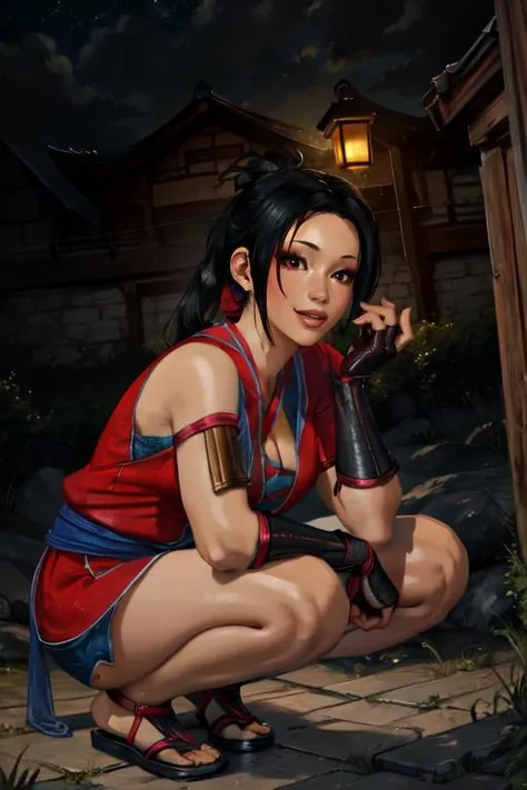 JenZi, black hair, short ponytail,  
red kimono,  blue undershirt, leather gauntlets, 
plains, china, night, 
 smile,  squatting,  cleavage,  
(insanely detailed, beautiful detailed face,, masterpiece, best quality) cinematic lighting,  
 <lora:JenZi:0.7>