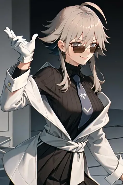 best quality, masterpiece, highres, solo, {black business suit:1.40}, {tie:1.20}, {sunglasses:1.25}, {white gloves:1.15}, {white shirt:1.10}, {black skirt:1.15}, {smoking:1.20}, handsome, {mayer_arknights:1.15}, short_hair_with_long_locks, ahoge, smile, bangs, turtleneck, sidelocks, upper_body, hair_between_eyes, breasts, brown_hair, grey_eyes, grey_hair