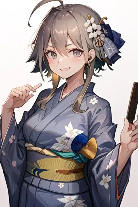 best quality, masterpiece, highres, solo, {yukata:1.40}, {kimono:1.20}, {mayer_arknights:1.15}, short_hair_with_long_locks, ahoge, smile, bangs, turtleneck, sidelocks, upper_body, hair_between_eyes, breasts, brown_hair, grey_eyes, grey_hair