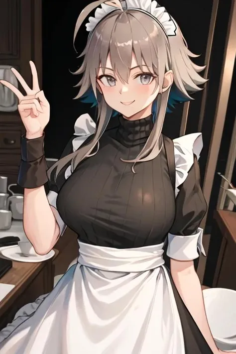 ((2heads)), ((double cleavage)), ((tribreasts)), ((masterpiece, best quality)), (1girl), (solo), (female focus), (ahoge, white hair, short hair), black eyes, light smile, open mouth, ((white shirt), (buttoned shirt), (button gap)), ((black skirt), (short skirt)), standing, white background, arms behind back, dynamic angle