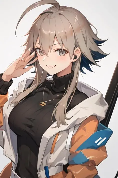 best quality, masterpiece, highres, solo, {mayer_arknights:1.15}, short_hair_with_long_locks, ahoge, smile, bangs, turtleneck, sidelocks, upper_body, hair_between_eyes, breasts, brown_hair, grey_eyes, grey_hair