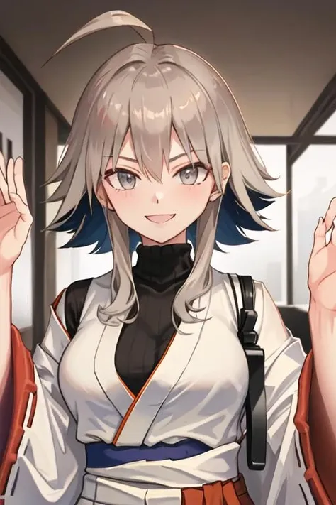 best quality, masterpiece, highres, solo, {white kimono:1.35}, {red hakama:1.35}, {wide sleeves:1.20}, {mayer_arknights:1.15}, short_hair_with_long_locks, ahoge, smile, bangs, turtleneck, sidelocks, upper_body, hair_between_eyes, breasts, brown_hair, grey_eyes, grey_hair