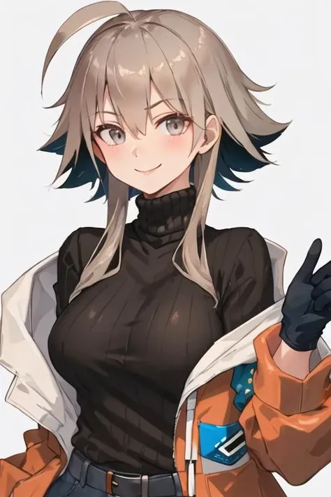 best quality, masterpiece, highres, solo, {mayer_arknights:1.15}, short_hair_with_long_locks, ahoge, smile, bangs, turtleneck, sidelocks, upper_body, hair_between_eyes, breasts, brown_hair, grey_eyes, grey_hair, 1girl, black_sweater, jacket, simple_background, sweater, turtleneck_sweater, white_background, black_gloves, gloves, looking_at_viewer, open_clothes, open_jacket, ribbed_sweater, closed_mouth, off_shoulder, orange_jacket