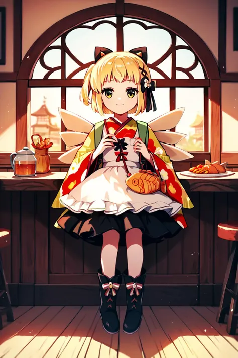 score_9, score_8_up, score_7_up, score_6_up, rating_safe, source_anime, best quality, masterpiece, detailed background, detailed eyes, restaurant, <lora:gekka-xl-05:1>, gekka, prima kimono, wing backpack, gekka boots, smile