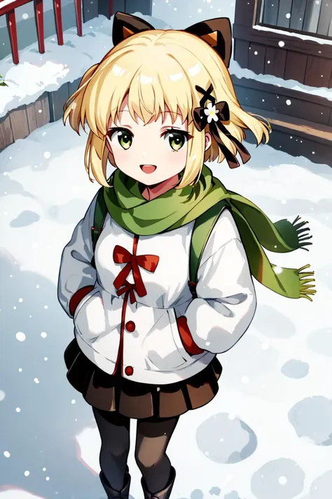 score_9, score_8_up, score_7_up, score_6_up, rating_safe, source_anime, best quality, masterpiece, detailed background, detailed eyes, outdoors, snow, red winter coat, green scarf, black skirt, black leggings, hands in pocket, from above view, looking up, smile, open mouth, <lora:gekka-xl-06:1>, gekka, light blonde hair, green eyes, small breasts,