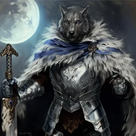 male, wolf, (blaidd (elden ring) solo, standing, wearing armor, silver armor, cape, melee weapon, sword, muscular, fluffy, front view, scars, smile, happy, muscular, purple eyes, night, moon,
BREAK,
(by oouna, by honovy), by ross tran, by michael & inessa garmash, by pino daeni, (intricate, high detail, film photography, soft focus, RAW candid cinema,
photorealism, realistic, photorealistic, analog style, subsurface scattering,
masterpiece, best quality, ultra realistic, 8k)