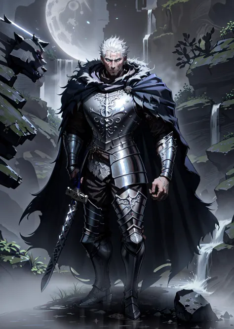 masterpiece, best quality, absurdres, 1boy, (wolf), male, Blaidd (/elden ring/), muscular male, scar on face, short hair, black hair, waterfall background, misty, full body, stylized, wearing armor, silver armor, cape, melee weapon, sword, dynamic pose, fluffy, scars, moon, furry, wolf head, werewolf <lora:BlaiddFRLE18-50:1>