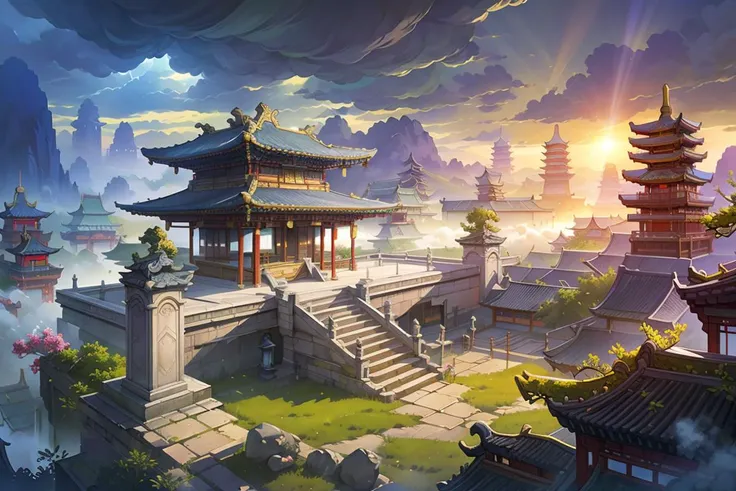 Conceptual art,hand-drawn drawings,East Asian architecture,scenography,cloud,Fantasy Plant,Mist,scenery,architecture,sky,east_asian_architecture,no_humans,sunlight,cloudy_sky,outdoors,stairs,light_rays,pillar,building,day,<lora:Scenography:0.8>,masterpiece,best quality,high quality,<lora:JZCG036-Chinese traditional architecture:0.1>,