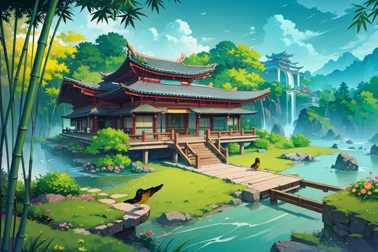 Conceptual art,hand-drawn drawings,East Asian architecture,scenography,scenery,outdoors,architecture,east_asian_architecture,nature,grass,bamboo,flower,tree,bridge,rock,water,day,no_humans,bird,forest,plant,leaf,<lora:Scenography:0.8>,masterpiece,best quality,high quality,