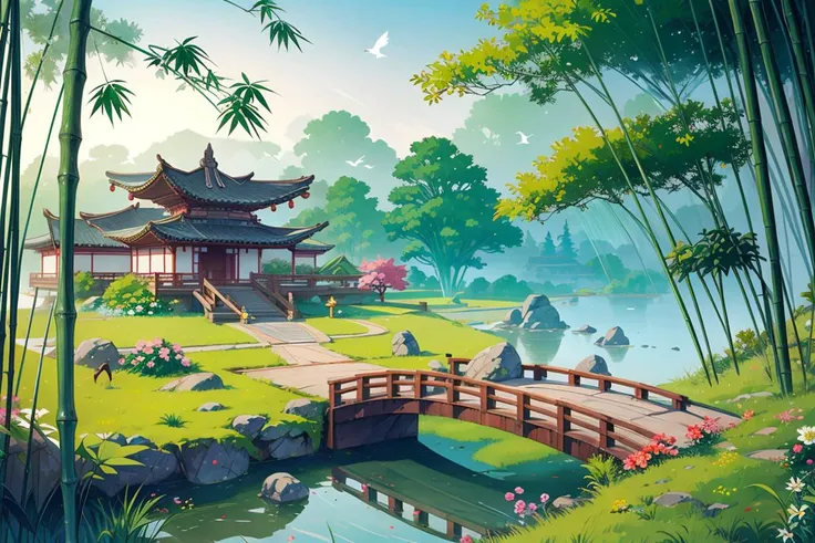 Conceptual art,hand-drawn drawings,East Asian architecture,scenography,scenery,outdoors,architecture,east_asian_architecture,nature,grass,bamboo,flower,tree,bridge,rock,water,day,no_humans,bird,forest,plant,leaf,<lora:Scenography:0.8>,masterpiece,best quality,high quality,
