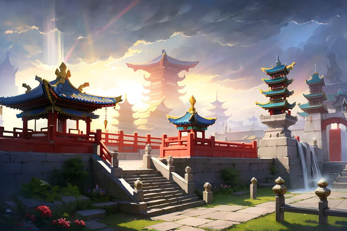 Conceptual art,hand-drawn drawings,East Asian architecture,scenography,cloud,Fantasy Plant,Mist,scenery,architecture,sky,east_asian_architecture,no_humans,sunlight,cloudy_sky,outdoors,stairs,light_rays,pillar,building,day,<lora:Scenography:0.8>,masterpiece,best quality,high quality,, masterpiece,best quality,high quality, <lora:GoodHands-vanilla:1>,