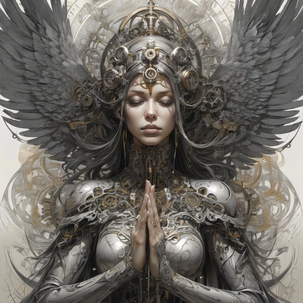front_view, Aaron Horkey and Jeremy Mann, silver hue Colorful beautiful praying woman, as beautiful as an angel, black ink flow, intricate_detailed, calligraphy, acrylic, fractal art, professional, dificult, maximalist, marton bobzert, fantastic, insane dificult, intricate background, elegant, expansive, mechanically tailored, retro, rusty time, weatheringClock, gears, high_res, cyborg style, greg rutkowski