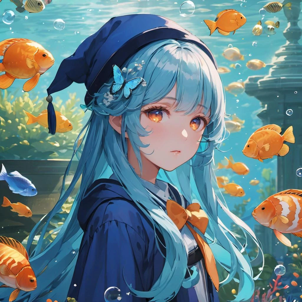(flat color), colorful, (masterpiece:1, 2), best quality, masterpiece, highres, original, extremely detailed wallpaper, looking at viewer, (close-up), ((colorful)), (Detailed eyes description), (8K wallpaper), (masterpiece, best quality, ultra-detailed, illustration), (cinematic lighting), dreamy atmosphere, (bubble), warm light, 1girl, solo (little girl:1.5), (1girl), (Station type, Telephoto lens, wide Angle lens), First person, Depth of field 1girl, solo, expressionless, (+++a girl with lightblue long gradient hair and orange aqua eyes+++:1.2), with butterfly, standing, constricted pupils, (hair flowers), small breasts, long bangs, hime cut, (solo:1.5), Long hair, wavy hair, curly hair, fall clothes, ((dark blue wizard hat)), blush, (((, The aquarium, )))Exhibit box, water, fish, jellyfish, turtles
