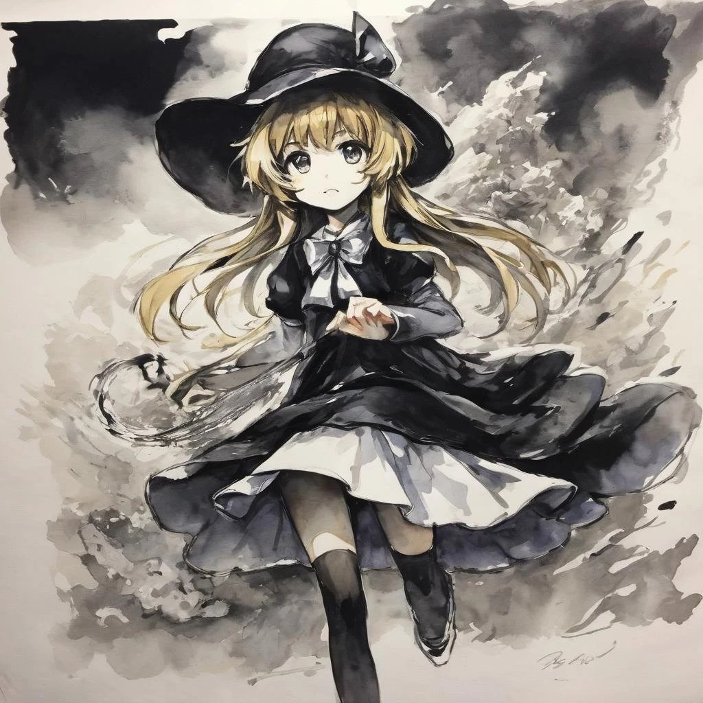 (Ink and wash), (masterpiece), (best quality), 1girl, Kirisame Marisa(touhou)