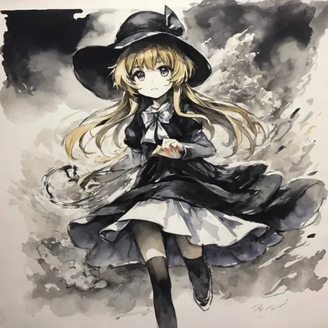 (Ink and wash), (masterpiece), (best quality), 1girl, Kirisame Marisa(touhou)
