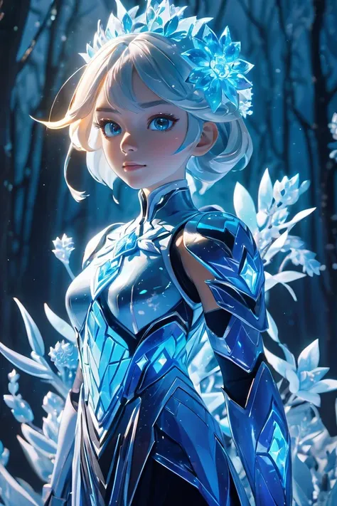 genshin impact,1girl,frozen nature, flower, subsurface scattering, transparent, translucent skin, glow, bloom, Bioluminescent liquid,3d style,cyborg style,Movie Still,Leonardo Style, warm color, vibrant, volumetric light, no human