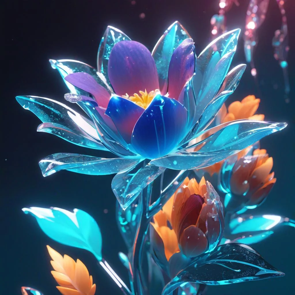frozen nature, flower, subsurface scattering, transparent, translucent skin, glow, bloom, Bioluminescent liquid,3d style,cyborg style,Movie Still,Leonardo Style, warm color, vibrant, volumetric light