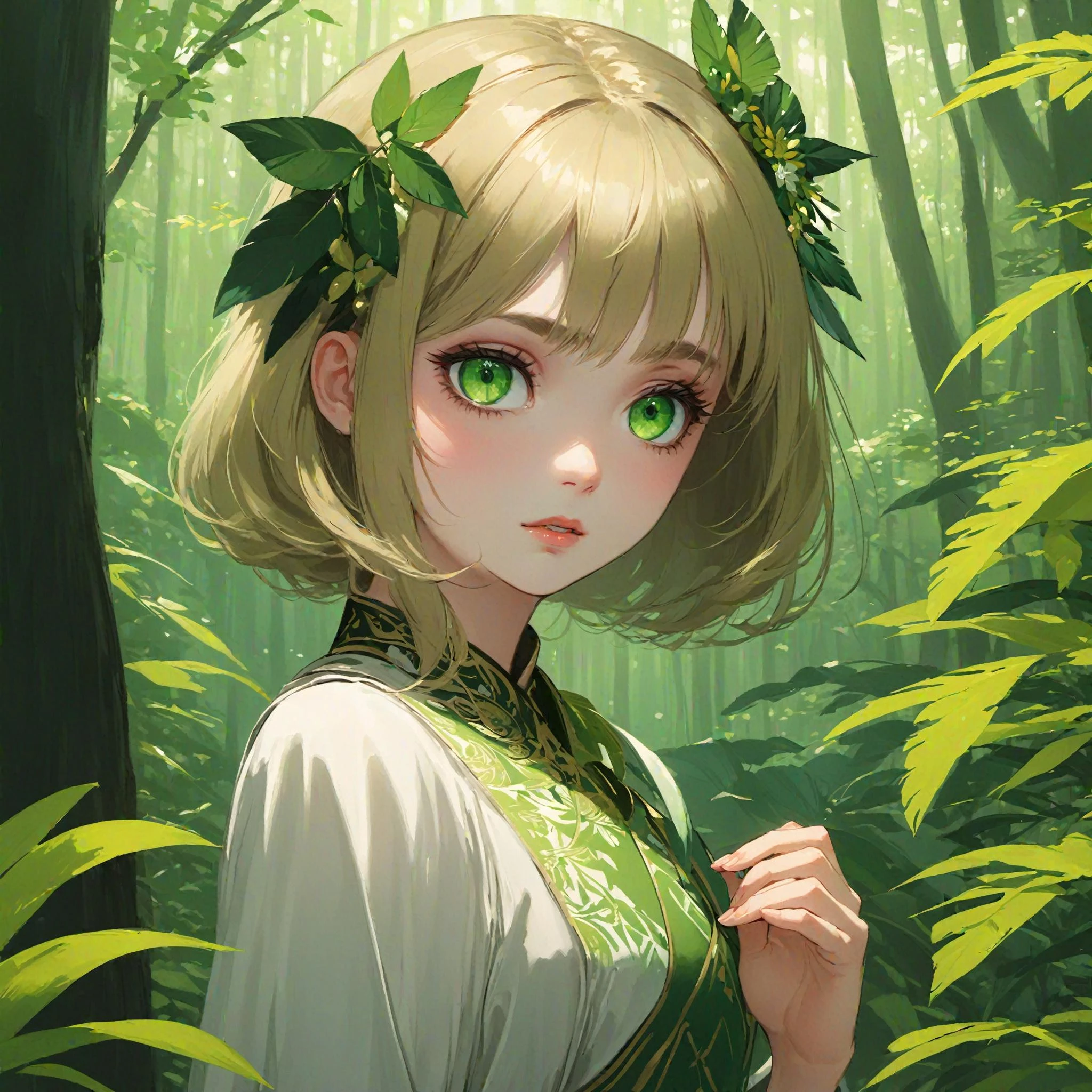 Medium view, girl focus, masterpiece, 1girl,high detail green eyes,delicate and beautiful face, exotic, mysterious forest, koishi