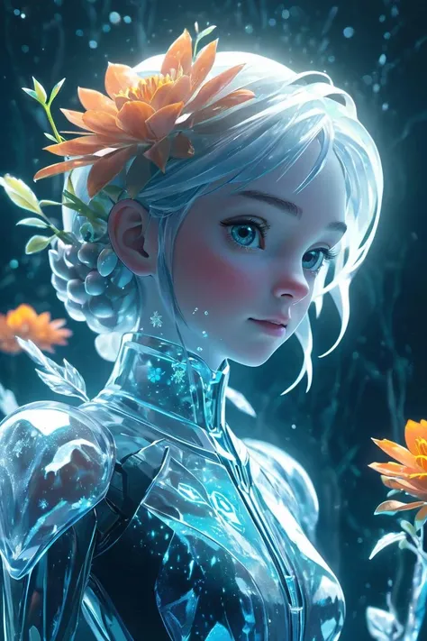 1girl,frozen nature, flower, subsurface scattering, transparent, translucent skin, glow, bloom, Bioluminescent liquid,3d style,cyborg style,Movie Still,Leonardo Style, warm color, vibrant, volumetric light, no human