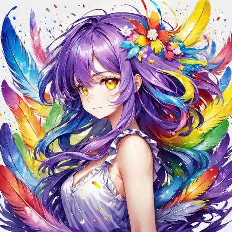 (paint effect:1.3), ((lots of galaxy+rainbow color feathers):1.3), (mixed rainbow color), flowing, (Melted, splashed ink), rainbow hair, cute face, upper body, Hair flowers, decorative art, (Heterochromatic<(purple, yellow)>:1.2), Cleavage, (from side:1.2)
rainbow color(lots of feathers:1.3),touhou,alice,