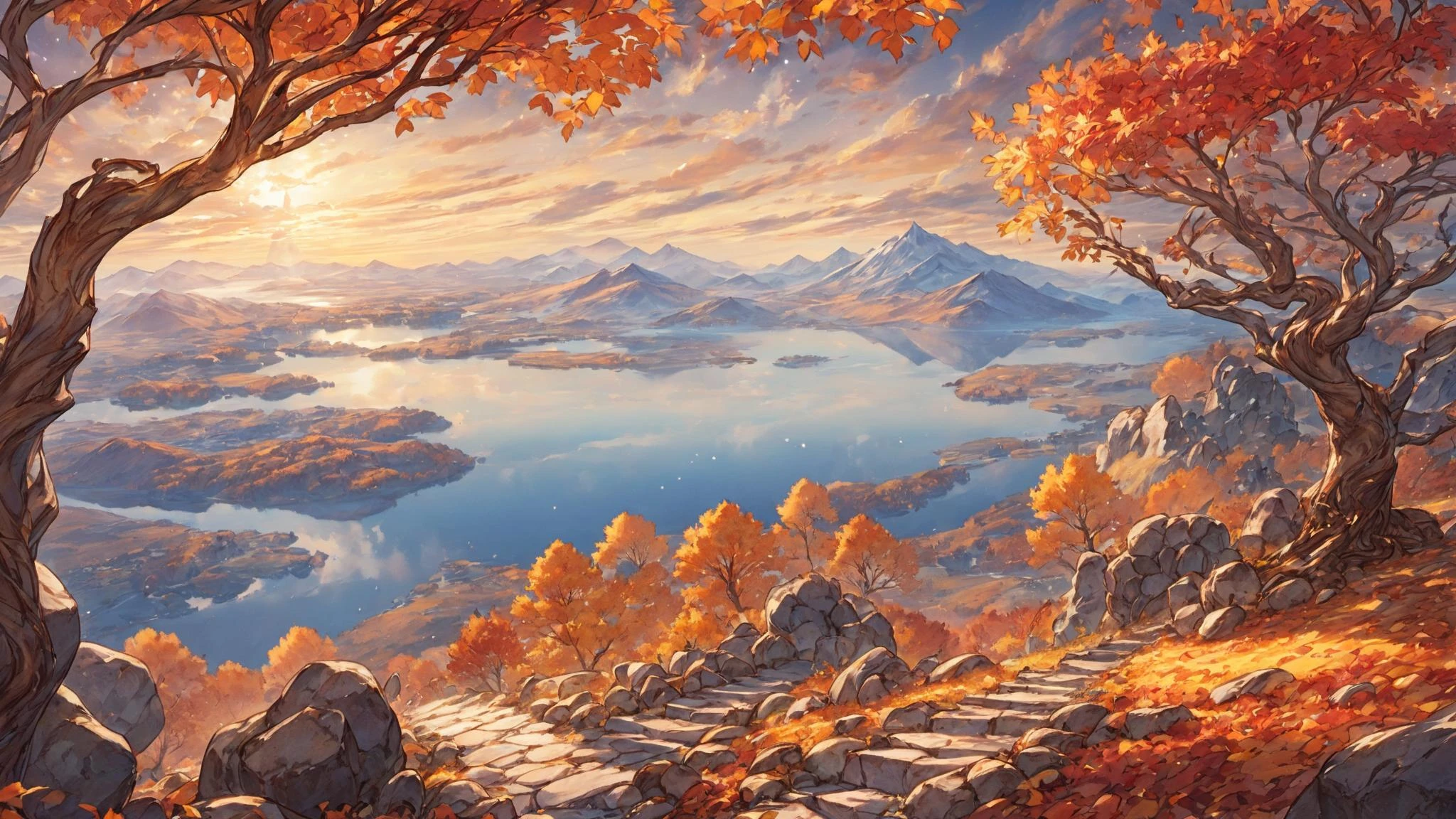((best quality)), ((masterpiece)), ((granblue fantasy)), (illustration), (detailed light), (an extremely delicate and beautiful),((trim)),
(depth of field:1.4),bare tree,autumn,(autumn leaves:1.4), branch, bare stones,mountains in the distance, lake,cloud,
zentangle background,scenery, yellow and red sky,autumn light,