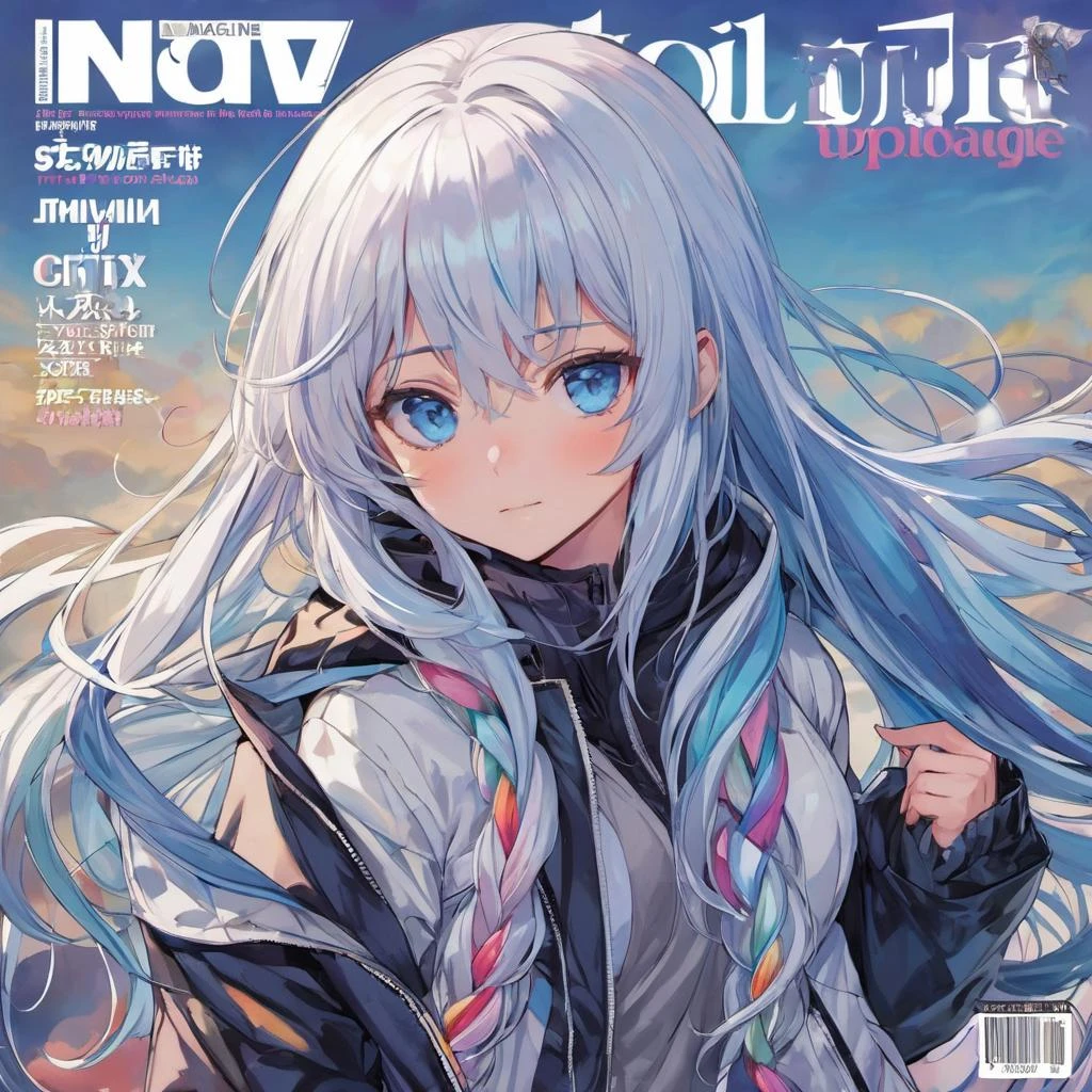 long hair, blush, blue eyes, navel, blue hair, white hair, multicolored hair, two-tone-hair, liquid hair, jacket, hodie, long sleeves, braid, navel, ((magazine cover)), upper body