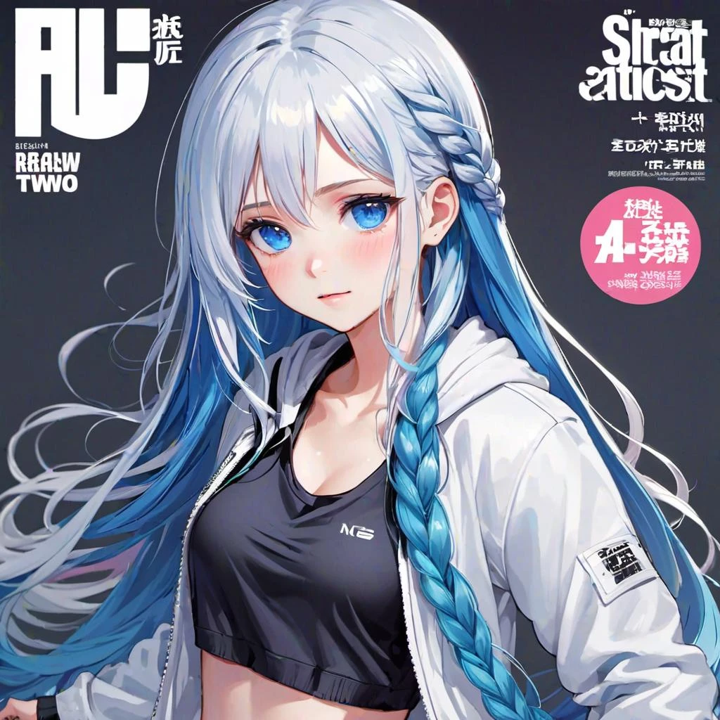 long hair, blush, blue eyes, navel, blue hair, white hair, multicolored hair, two-tone-hair, liquid hair, jacket, hodie, long sleeves, braid, navel, ((magazine cover)), upper body