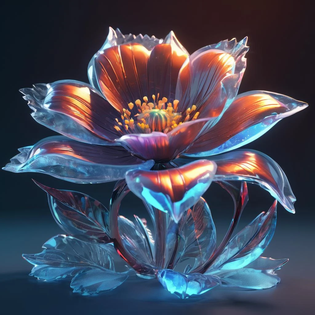 frozen nature, flower, subsurface scattering, transparent, translucent skin, glow, bloom, Bioluminescent liquid, 3d style, cyborg style, Movie Still, Leonardo Style, warm color, vibrant, volumetric light