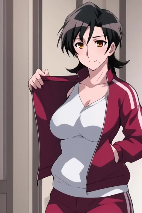 ((masterpiece)), (best quality), 1girl, solo, milf, mature female, medium hair, black hair, orange eyes, large breasts, red track jacket, open jacket, nude breasts, track pants,
HTsuki
<lora:Milf:1.2> <lora:masae3:0.85> <lora:addmoredetails:0.25> <lora:chubby girl:0.5>