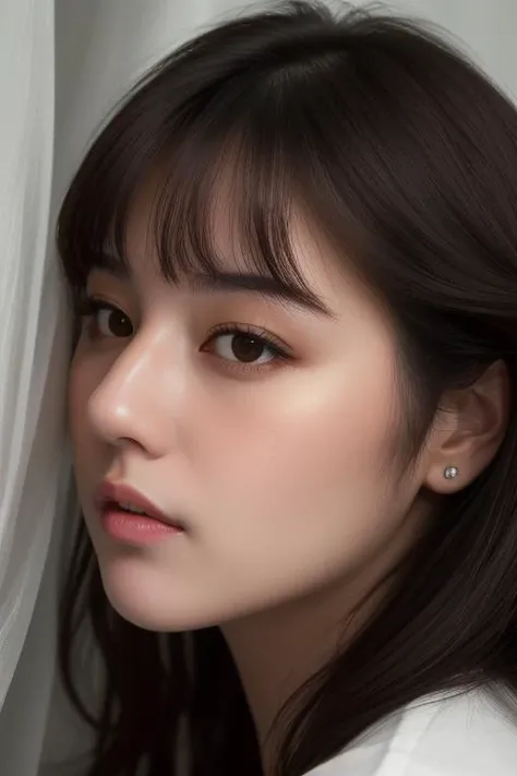 (masterpiece), (extreme close up), side view, best quality, (photorealistic:1.3), 1woman, vonzy selfie wearing oversize shirt, at night, front view, realistic skin, <lora:isnot.vonzy.v2:1.1>, (round face), curtain bangs hair, black medium hair, realistic skin texture, vivid lighting, detailed face <lora:add_detail:0.2> open mouth, human skin texture