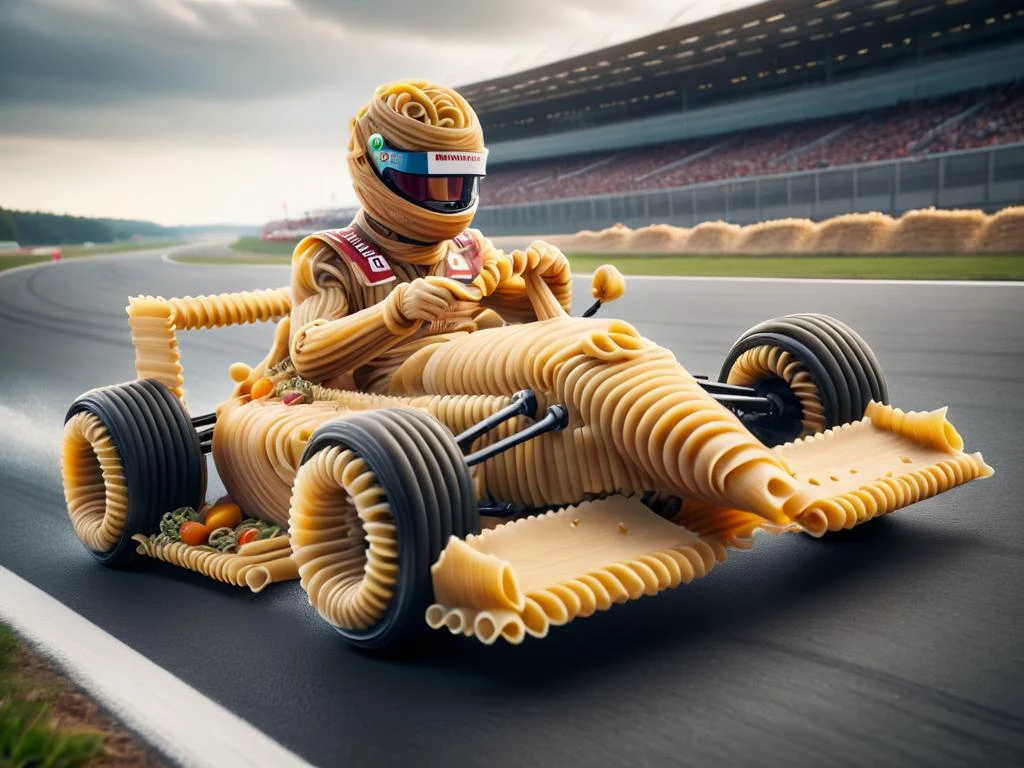 A dynamic F1 car, sleek and aerodynamic, made out of noodles. The driver is a human in a race suit and helmet holding on to the steering wheel. As the car is speeding around a racetrack, bits of noodle fly off in the wind <lora:noodlez-sdxl:1>