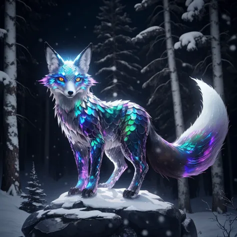 picture of mythical fox spirit with shiny iridescent scales glowing eyes looking at viewer on rock snowy forest in background <lora:ST BOD Scales_v3_E3R4:1>, masterpiece, best quality, high quality, highres, ultra-detailed