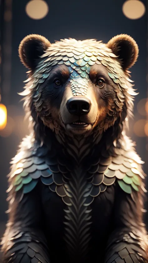 (masterpiece, best quality:1.1), (scales:1.1), animal, solo, (bear:1.05), fur, looking at viewer, depth of field, bokeh, dark