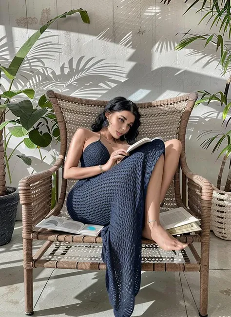 attractive woman, wearing a long maxi matte pastel cr0ch3t (dress), face, short black hair, earrings, curled up in a armchair, legs on armrest,covered legs, holding a book with erptic cover art, reading a book, looking at book, romance novel, jewelry, cat
<lora:cr0ch3t:1.1>