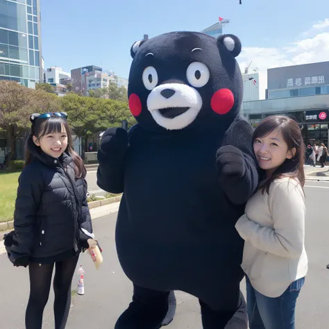 kumamon, 3girls, city <lora:kumamon-ADF-000008:0.8>