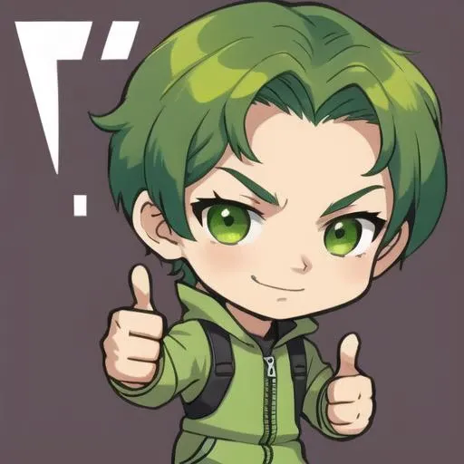 Chibi emote, thumbs up, 1boy, male with green hair, <lora:Chibi_emote_party:0.8>