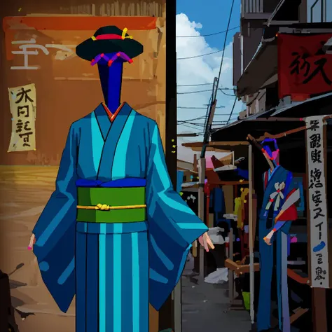 <lora:openposeman-AL:1>, openposeman, stick man, photo, cool background, realistic, wearing kimono, hat on the head
