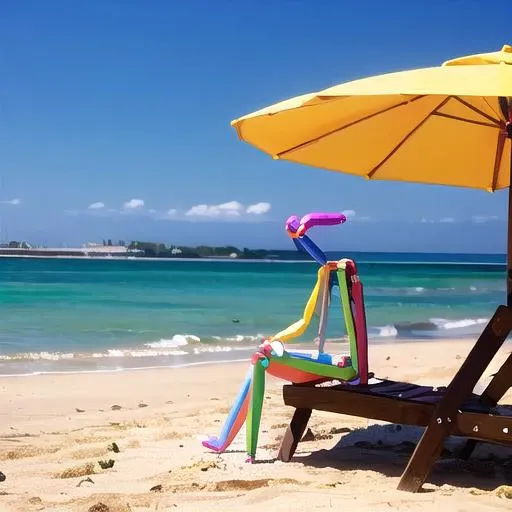 openposeman, stick man, sitting, beach, sea, parasol, <lora:openposeman-AL-000005:1>