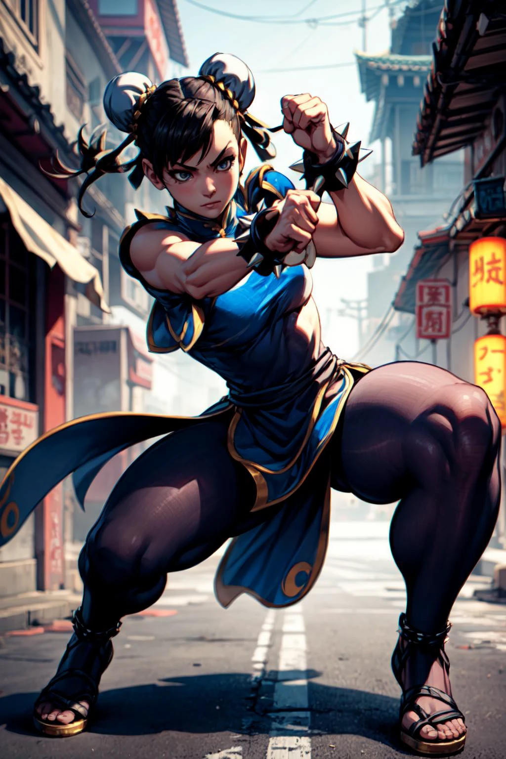 1girl, solo, full body, <lora:Chun li:0.4>, chun-li, dynamic posture, spike bracelet, black transparent pantyhose, fighting stance, chinese street, <lora:add_detail:0.7>,