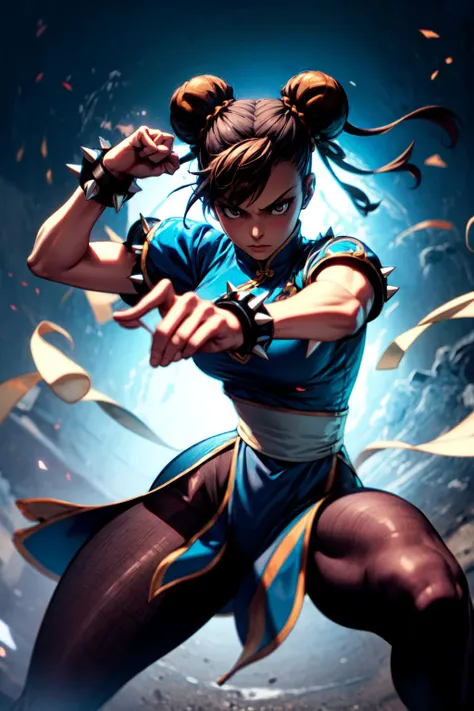 1girl, solo, <lora:Chun li:0.5>, chun-li, dynamic posture, spike bracelet, black transparent pantyhose, fighting stance, chinese street, <lora:add_detail:0.7>,