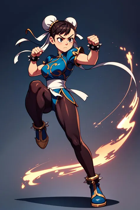 1girl, solo, full body, <lora:Chun li:0.3>, chun-li, dynamic posture, spike bracelet, black transparent pantyhose, fighting stance, chinese street, <lora:add_detail:0.7>,