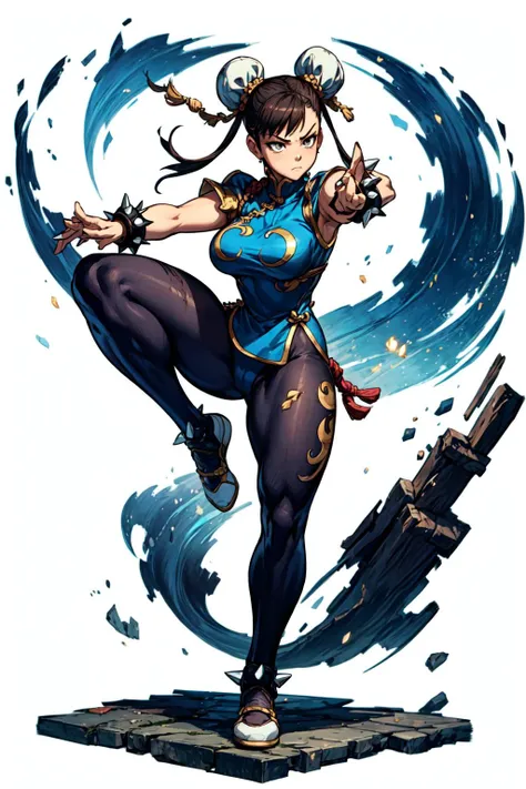 1girl, solo, full body, <lora:Chun li:0.3>, chun-li, dynamic posture, spike bracelet, black transparent pantyhose, fighting stance, chinese street, <lora:add_detail:0.7>, <lora:tachi-e:1>, white background,