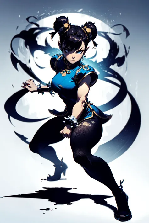 1girl, solo, full body, <lora:Chun li:0.3>, chun-li, dynamic posture, spike bracelet, black transparent pantyhose, fighting stance, chinese street, <lora:add_detail:0.7>, <lora:th1ckan1m3:1>, th1ckan1m3,