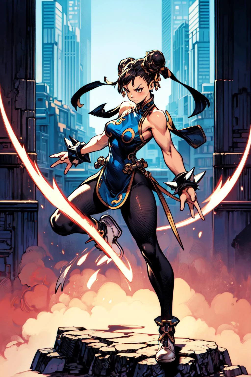 1girl, solo, full body, <lora:Chun li:0.3>, chun-li, dynamic posture, spike bracelet, black transparent pantyhose, fighting stance, chinese street, <lora:add_detail:0.7>, <lora:th1ckan1m3:1>, th1ckan1m3,