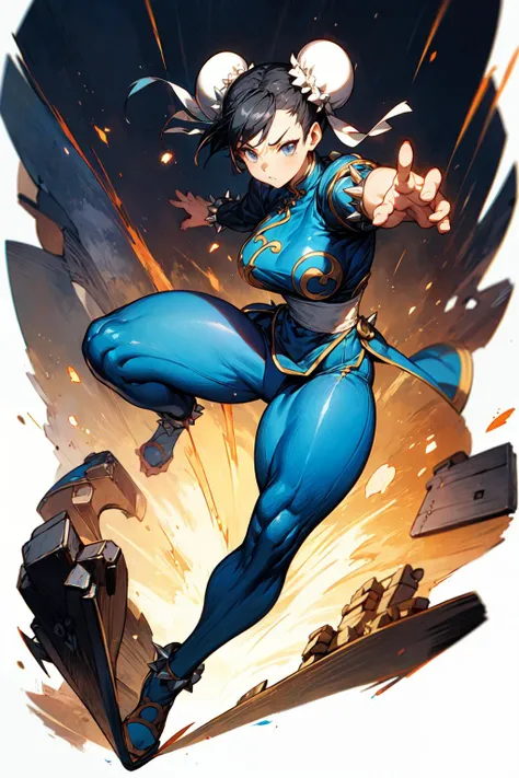 1girl, solo, full body, <lora:Chun li:0.3>, chun-li, dynamic posture, spike bracelet, black transparent pantyhose, fighting stance, chinese street, <lora:add_detail:0.7>, <lora:tachi-e:1>, white background,