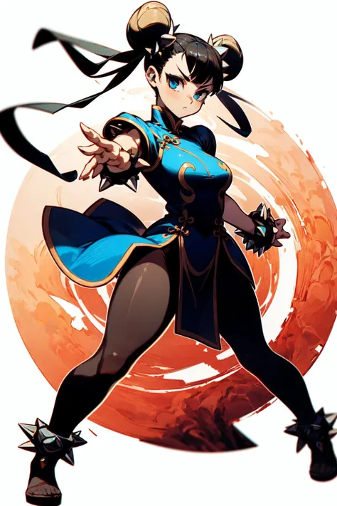 1girl, solo, full body, <lora:Chun li:0.3>, chun-li, dynamic posture, spike bracelet, black transparent pantyhose, fighting stance, chinese street, <lora:add_detail:0.7>, <lora:th1ckan1m3:1>, th1ckan1m3,